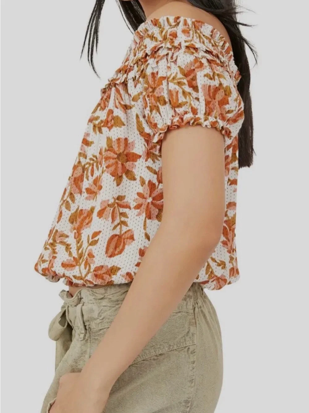 Free People Suki Floral Smocked Off-Shoulder Crop Top